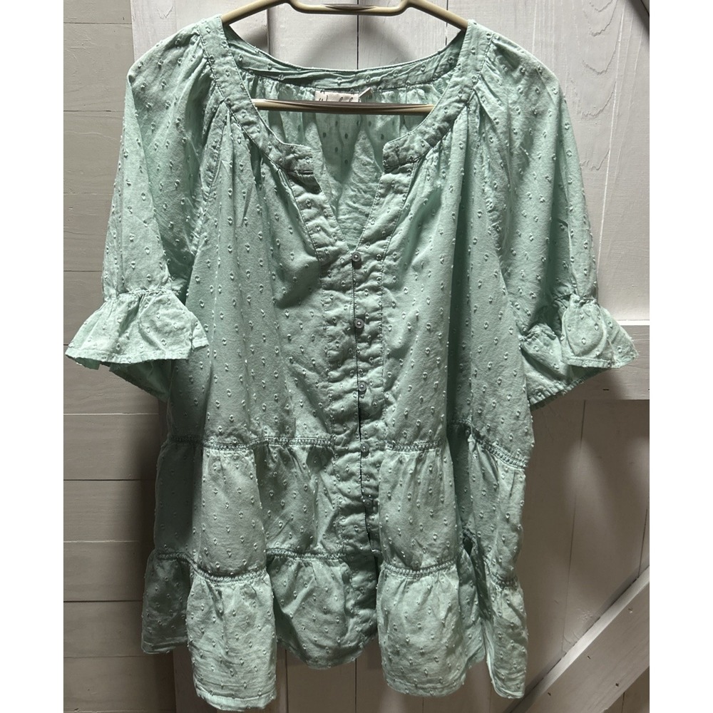Wonderly Women's Blouse Size 2X Top Green Swiss Dot Short Ruffled Sleeve